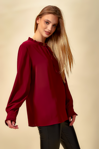 Oversized Tie Ruffle Neck Top in Burgundy