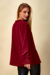 Oversized Tie Ruffle Neck Top in Burgundy