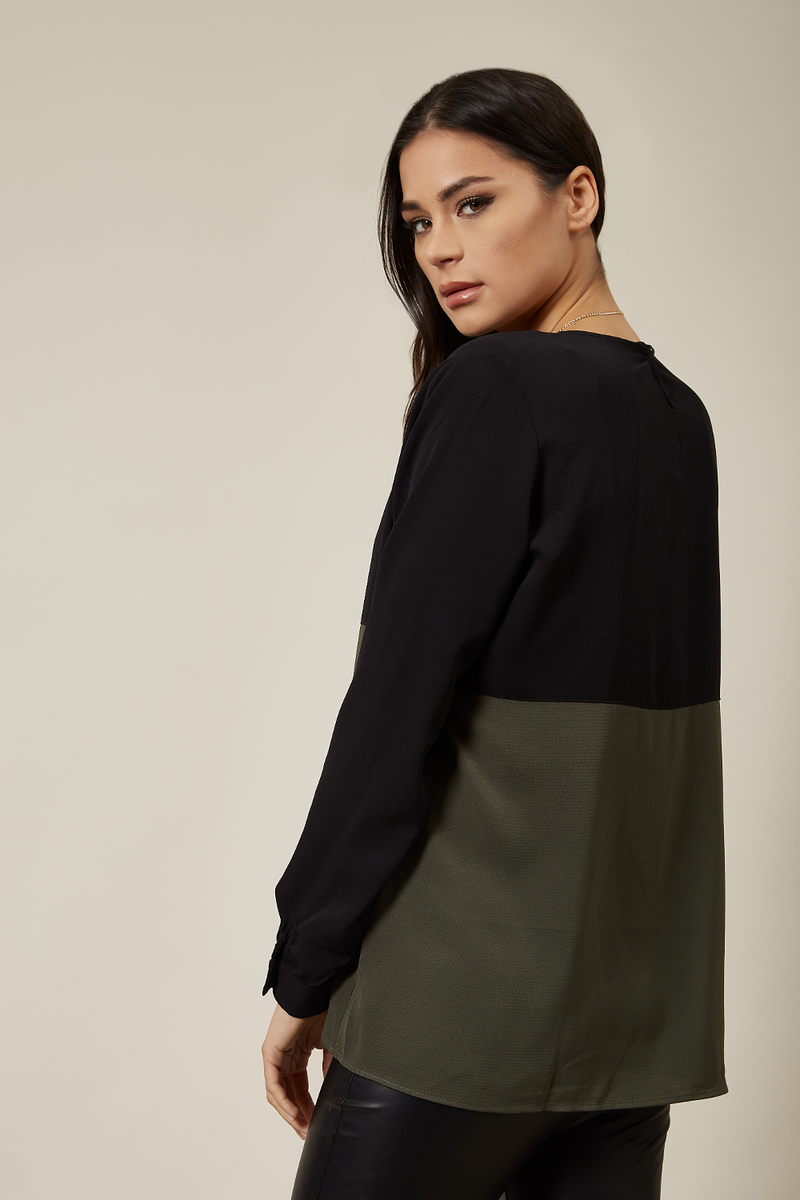 Long Sleeve Relaxed Fit Block Top With Necklace In Black And Khaki