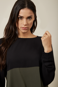 Long Sleeve Relaxed Fit Block Top With Necklace In Black And Khaki