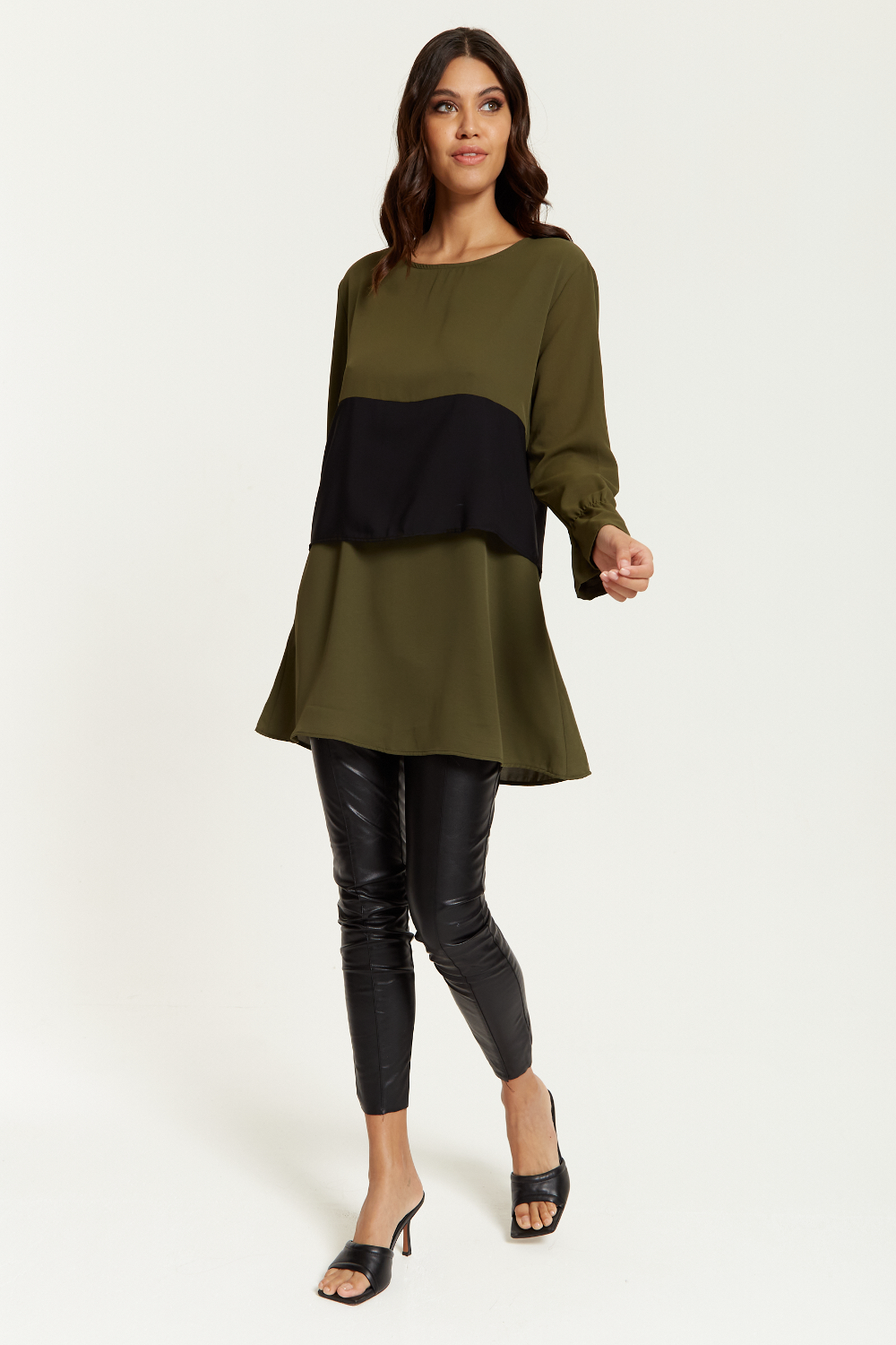 Oversized Crew Neck Colour Block Tunic with Long Sleeves in Khaki & Black