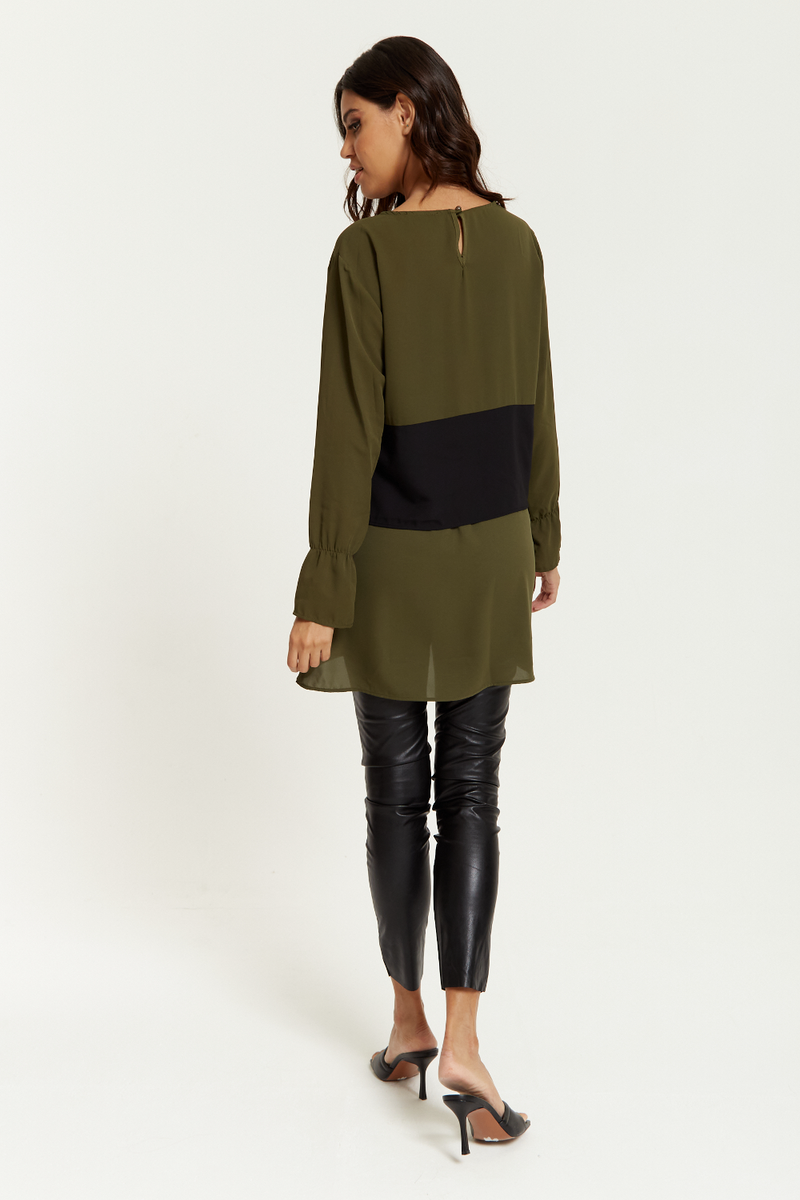 Oversized Crew Neck Colour Block Tunic with Long Sleeves in Khaki & Black
