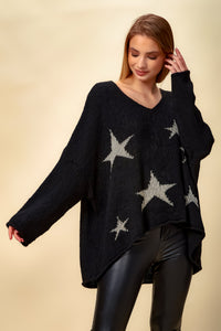 V Neck Tricot Jumper with Star Details in Black