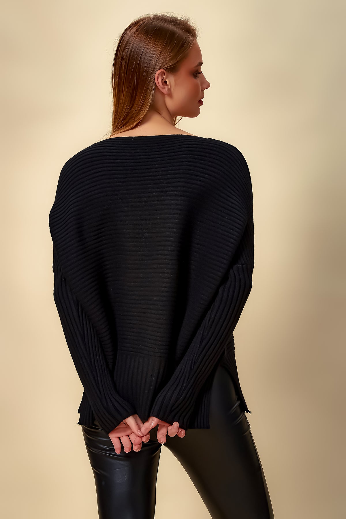 Oversized Tricot Jumper Top in Black