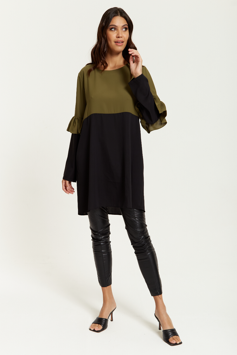 Colour Block Satin Tunic with Frill Detailed on Sleeve in Khaki and Black