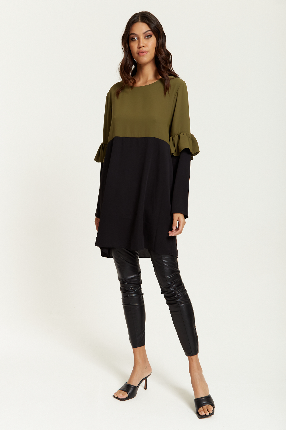Colour Block Satin Tunic with Frill Detailed on Sleeve in Khaki and Black