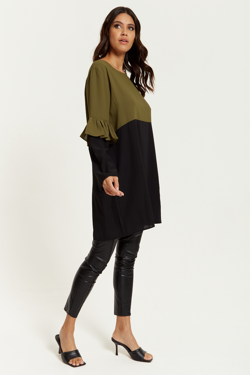 Colour Block Satin Tunic with Frill Detailed on Sleeve in Khaki and Black