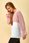 Long Sleeve Relaxed Fit Block Top with Necklace In Pink and White