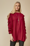 Oversized Ruffle Sleeve Relaxed Fit Tunic in Burgundy
