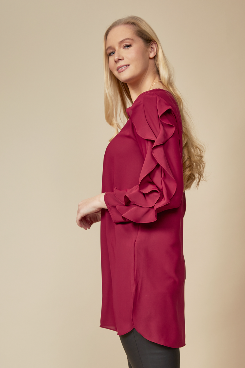 Oversized Ruffle Sleeve Relaxed Fit Tunic in Burgundy