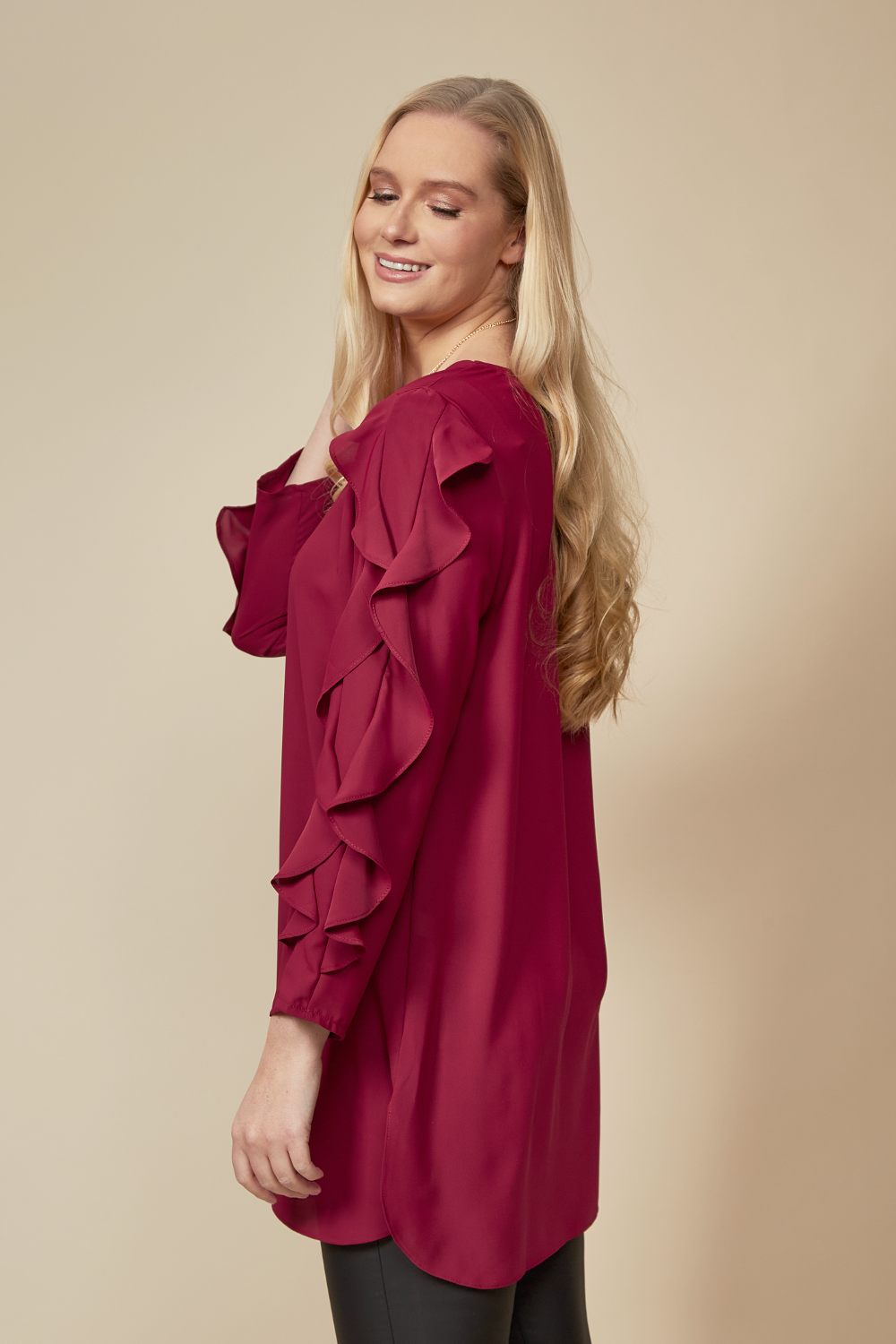Oversized Ruffle Sleeve Relaxed Fit Tunic in Burgundy