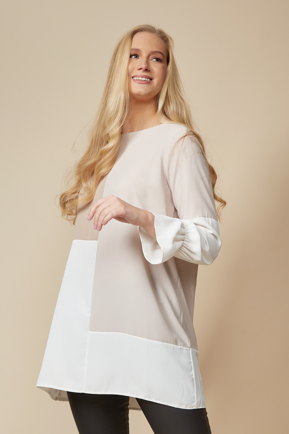 Oversized Colour Block Blouse in Brown and Beige