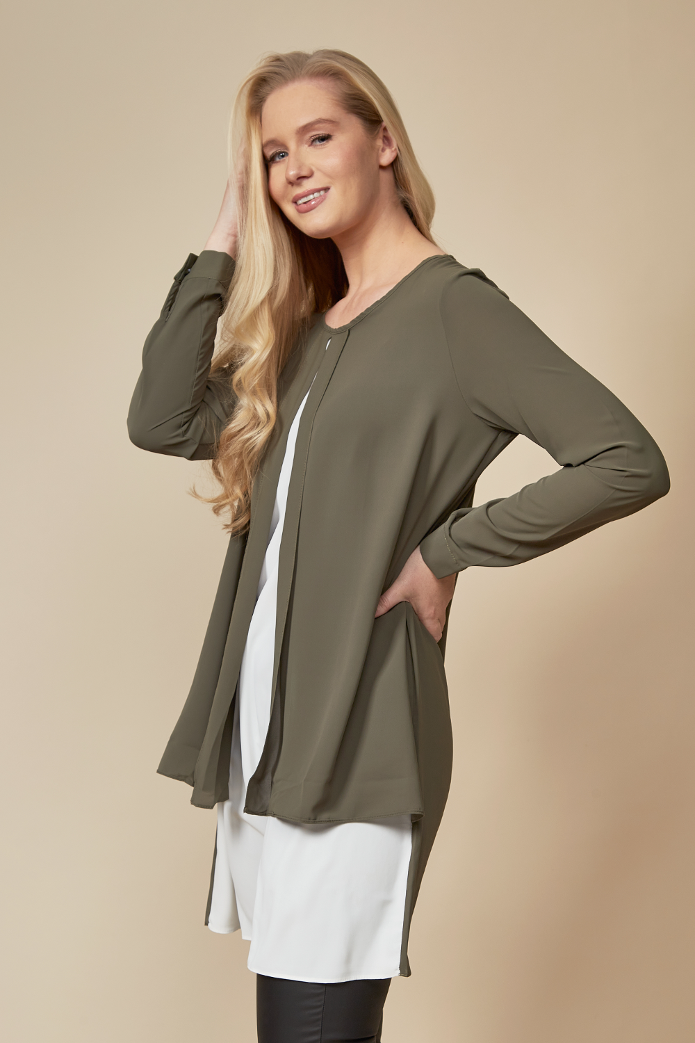 Relaxed Fit Long Sleeves Layered Front Top in Khaki and White