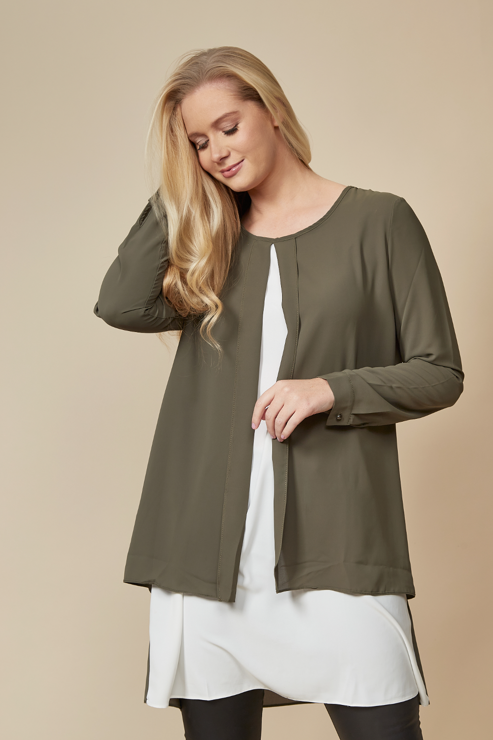 Relaxed Fit Long Sleeves Layered Front Top in Khaki and White