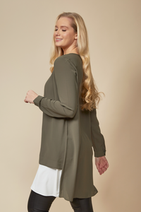Relaxed Fit Long Sleeves Layered Front Top in Khaki and White