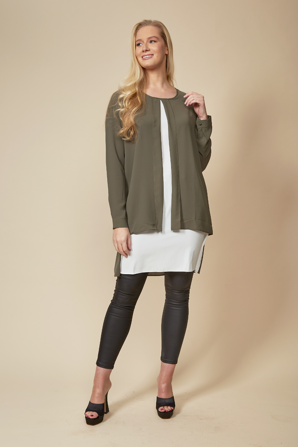 Relaxed Fit Long Sleeves Layered Front Top in Khaki and White