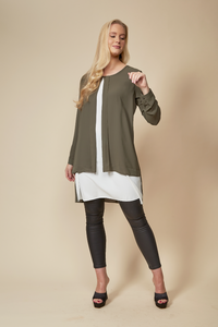 Relaxed Fit Long Sleeves Layered Front Top in Khaki and White