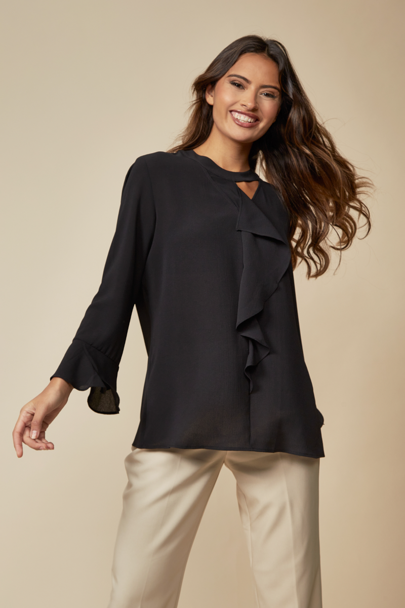 Black Oversized Top Ruffle Front Relaxed Fit Blouse