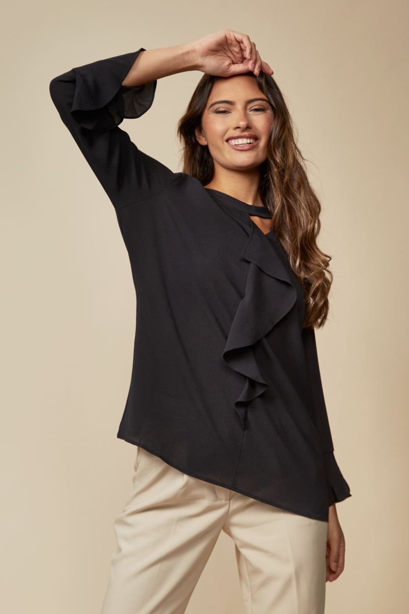 Black Oversized Top Ruffle Front Relaxed Fit Blouse