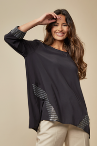 3/4 Sleeves Relaxed Fit Black Top with Grey Details
