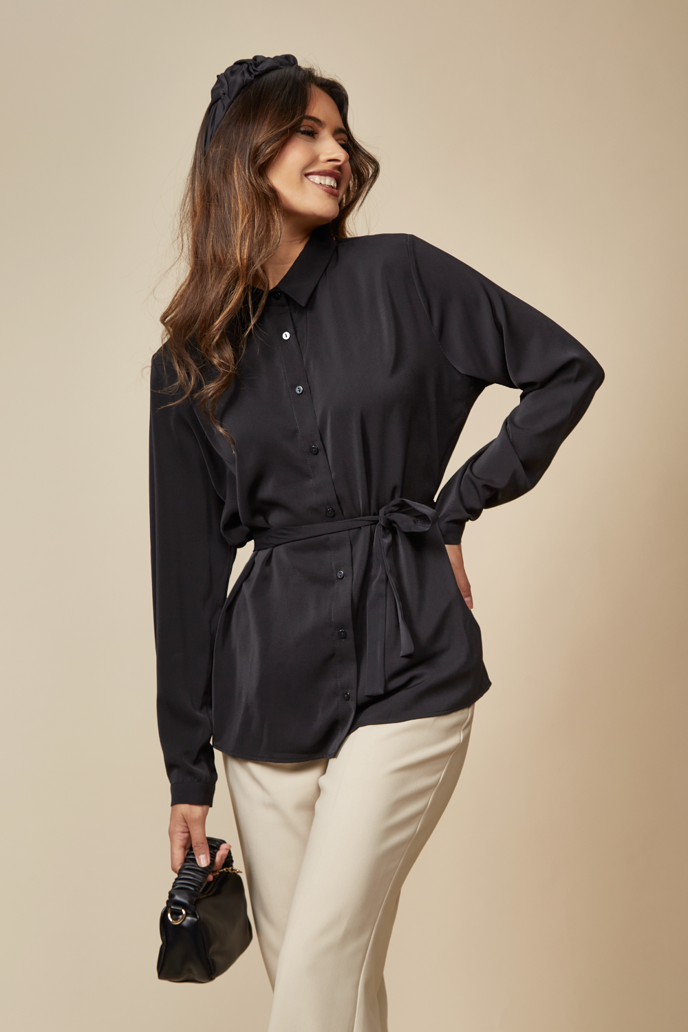 Tie Neck Oversized Top in Black