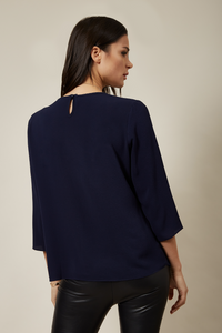 3/4 Sleeve Relaxed Layered Top With Necklace In Navy