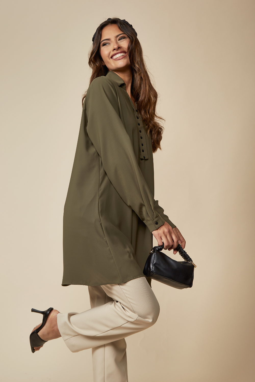Tunic Shirt with Button Details in Khaki