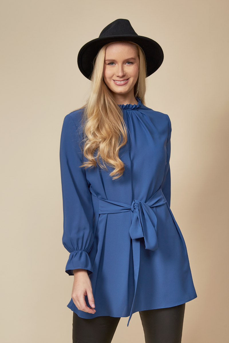 Oversized Tie Ruffle Neck Top with Tie Waist Detailed in Blue