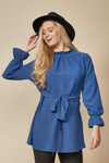Oversized Tie Ruffle Neck Top with Tie Waist Detailed in Blue