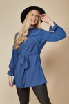Oversized Tie Ruffle Neck Top with Tie Waist Detailed in Blue