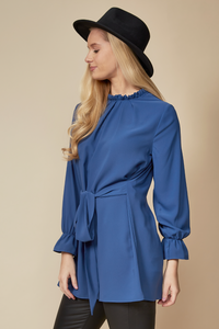 Oversized Tie Ruffle Neck Top with Tie Waist Detailed in Blue