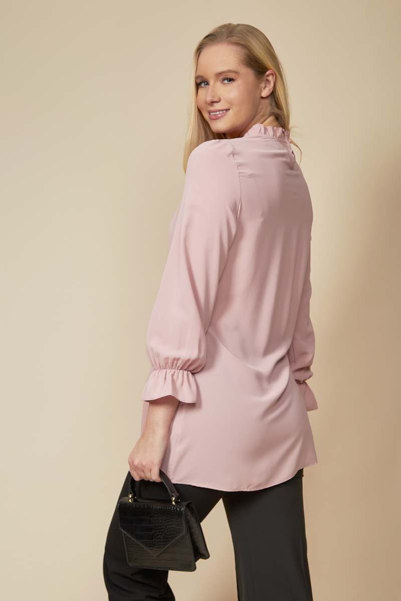 Oversized Tie Ruffle Neck Top with Tie Waist Detailed in Pink