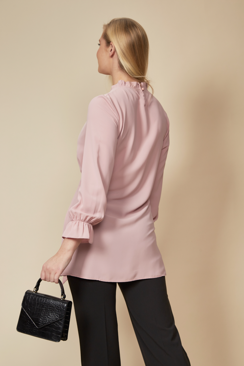Oversized Tie Ruffle Neck Top with Tie Waist Detailed in Pink