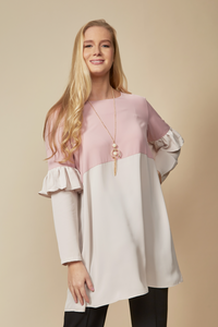 Colour Block Top with Frill Detailed on Sleeve in White and Blossom