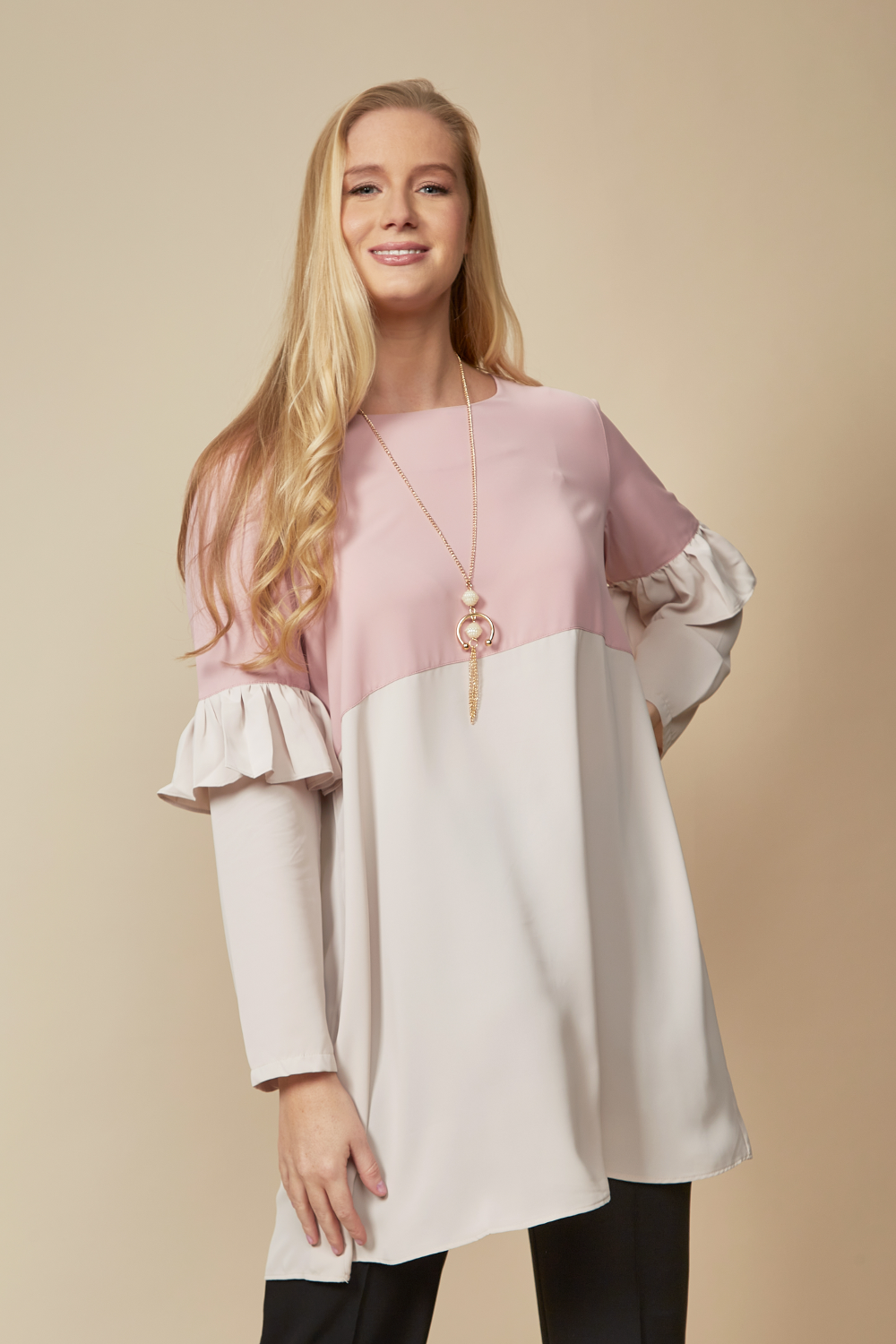 Colour Block Top with Frill Detailed on Sleeve in White and Blossom