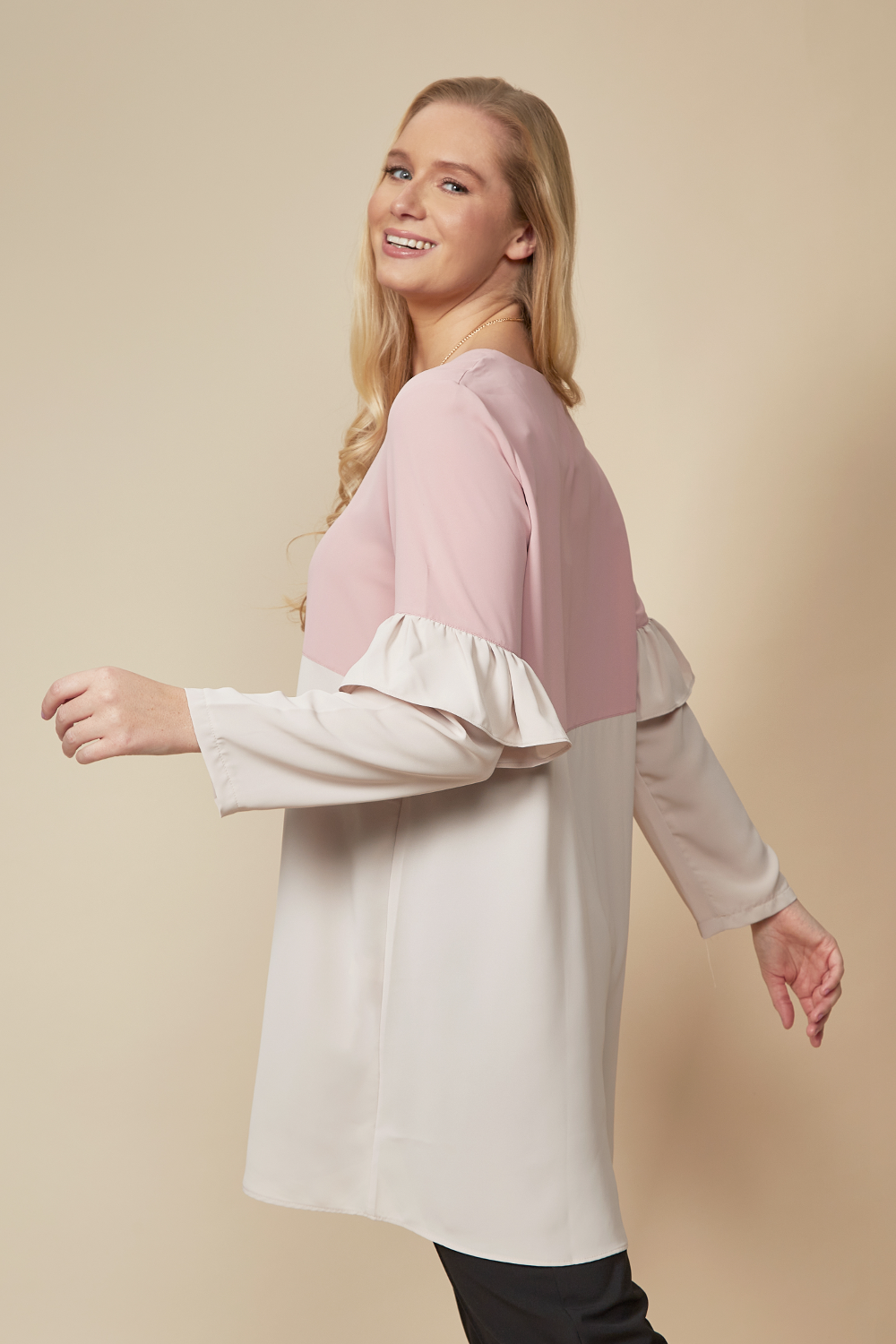 Colour Block Top with Frill Detailed on Sleeve in White and Blossom