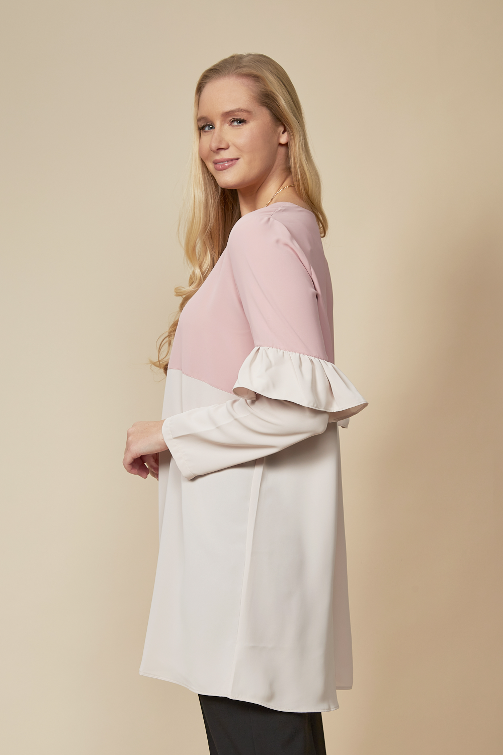 Colour Block Top with Frill Detailed on Sleeve in White and Blossom
