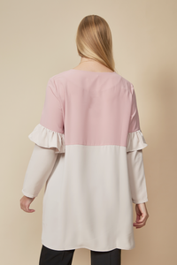 Colour Block Top with Frill Detailed on Sleeve in White and Blossom