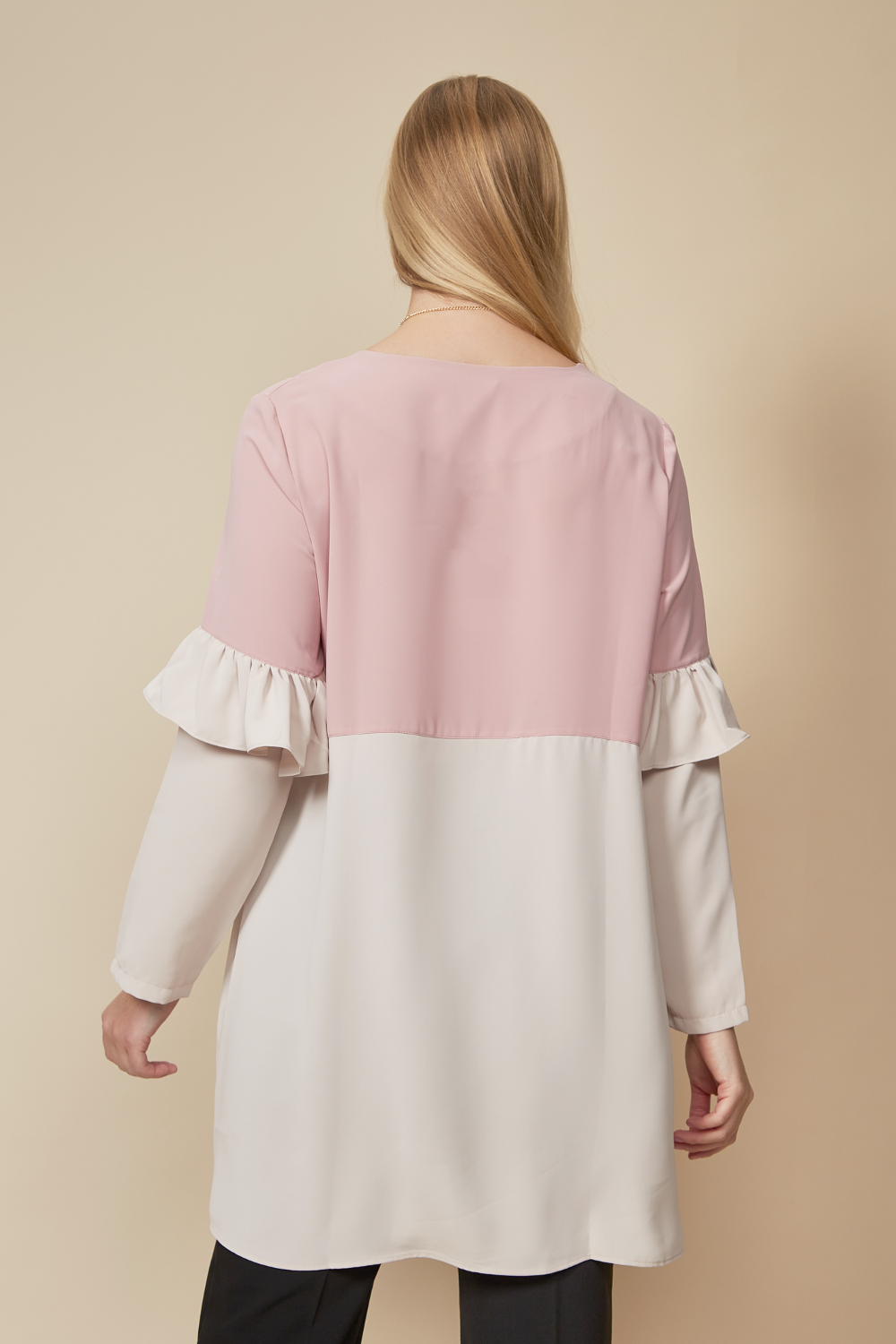 Colour Block Top with Frill Detailed on Sleeve in White and Blossom