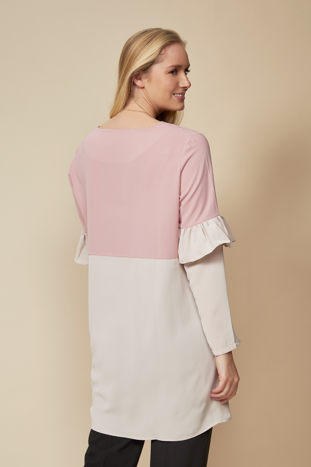 Colour Block Top with Frill Detailed on Sleeve in White and Blossom