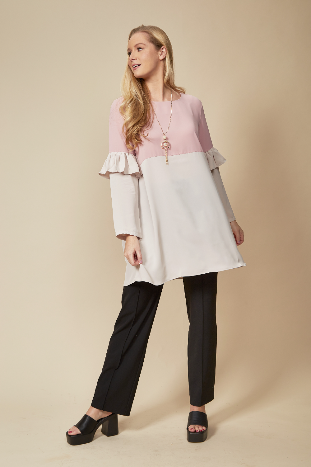 Colour Block Top with Frill Detailed on Sleeve in White and Blossom