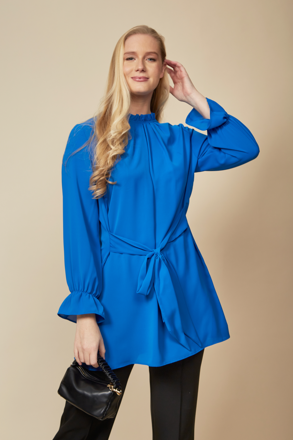 Oversized Tie Ruffle Neck Top with Tie Waist Detailed in Blue