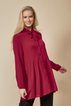 Long Sleeves Tie Neck Oversized Shirt in Burgundy