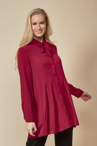 Long Sleeves Tie Neck Oversized Shirt in Burgundy