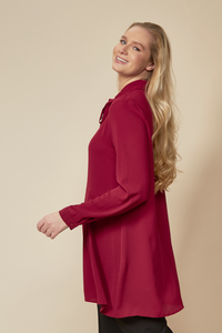 Long Sleeves Tie Neck Oversized Shirt in Burgundy
