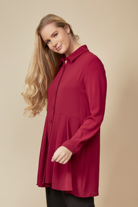 Long Sleeves Tie Neck Oversized Shirt in Burgundy