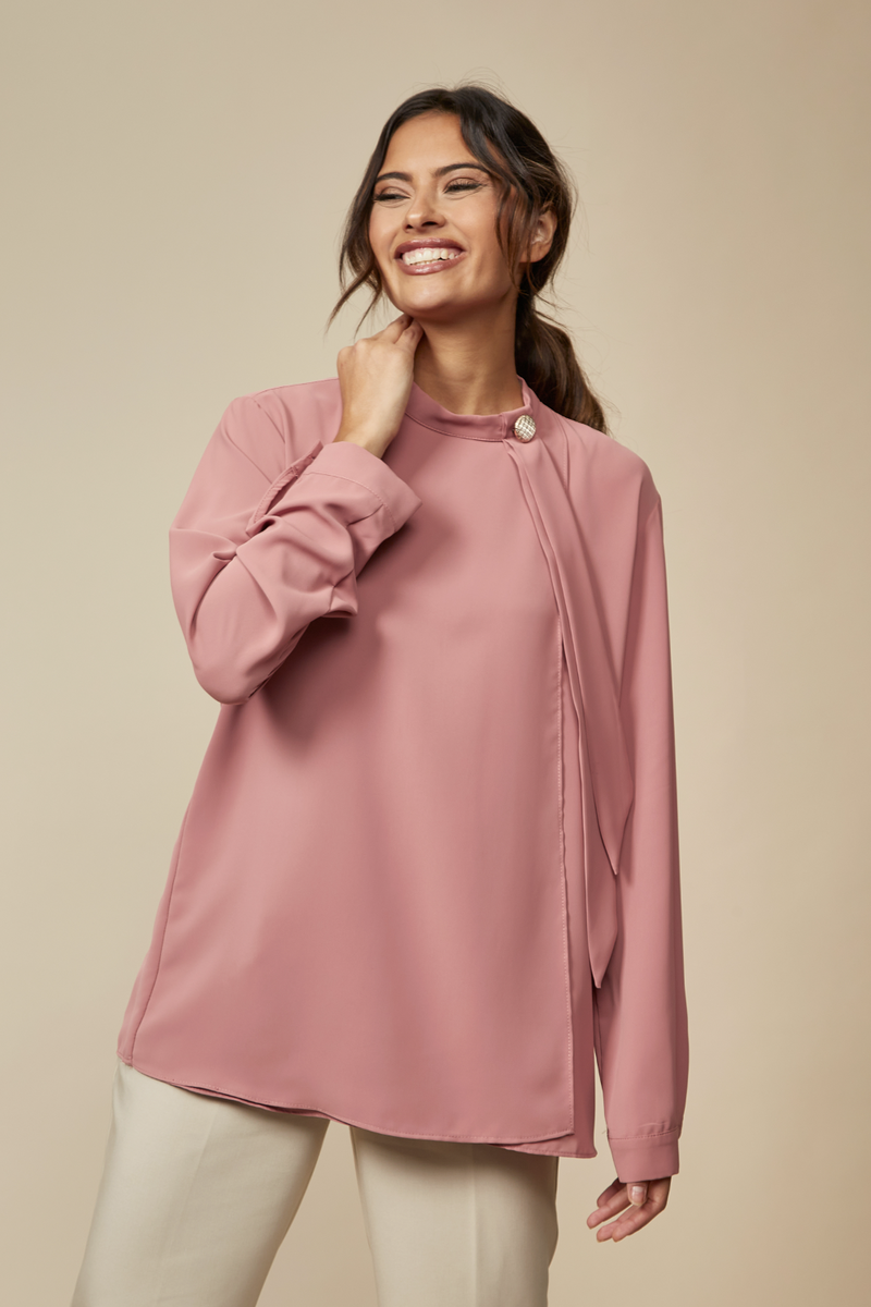 Oversized High Neck Top with Brooch Details in Pink