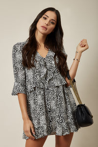 Black and White Button Down  Mini Shirt Dress in Leopard Print