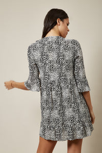 Black and White Button Down  Mini Shirt Dress in Leopard Print
