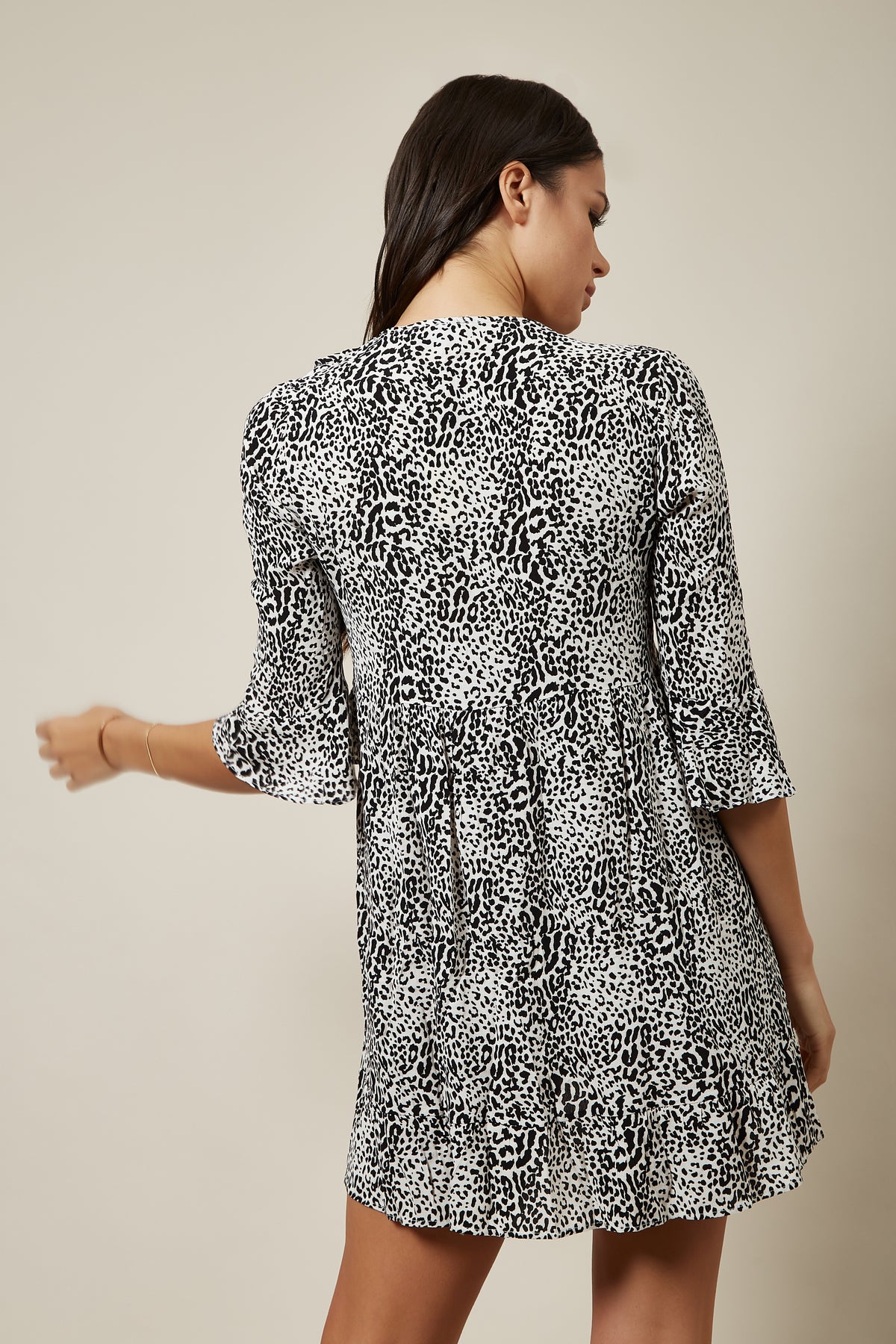 Black and White Button Down  Mini Shirt Dress in Leopard Print